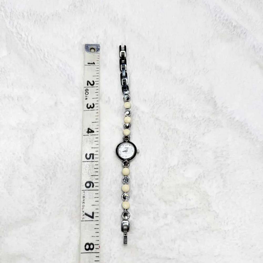 FOSSIL F2 Women's Studded Pearl & Clear Stone Band Silver Metal Watch